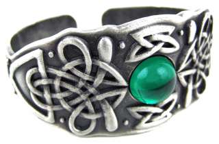 Pewter Celtic Knotwork Cuff Bracelet W/ Green Cabochon  