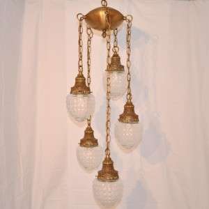   ERA HOLLYWOOD REGENCY BRASS 5 LIGHT GLASS HANGING SWAG LAMP CHANDELIER