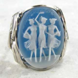 Fine Dancing Graces Muses Blue Agate Cameo Ring Sterling Silver  
