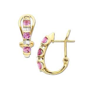  Pink Sapphire and Diamond Hoop Earrings in 14K Gold 