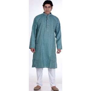  Teal Kurta Set with Thread Weave and Embroidery on Button 