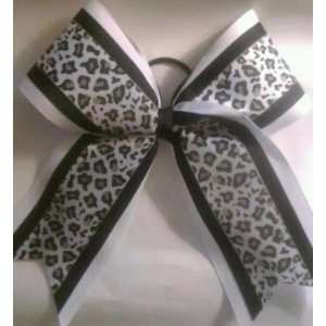  White Grosgrain Cheer Bow with Black & Grey Cheetah Print 