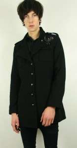 MILITARY BLACK STUDDED Wool drummer COAT indie hipster M  