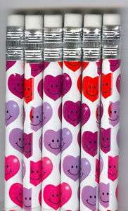 Smile face hearts on white colored pencils. Set of 6.  