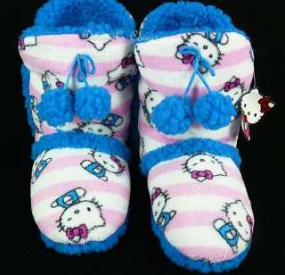 Hello Kitty Boot Slippers Women XL 10 11 White & Pink With Blue Trim 