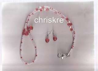 Pink Red Hearts Pearl Glass Bead Beaded ID Lanyard Cute USA Made 