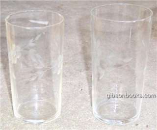 Two Vintage Floral Etched Clear Drinking Glasses. One Glass is 5 high 