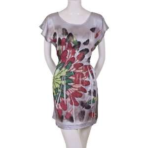   Scott Satin Tie Back Feathers Printed Dress Silver