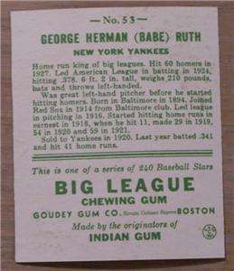   ON   1933 GOUDEY BABE RUTH REPRINT #53 IN NM MT TO MINT SHAPE