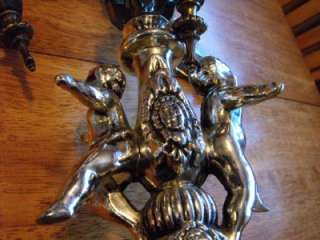   Mid Century Retro Solid Brass Table Lamp with Cherubs & Glass Pendents