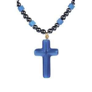  Blue Cats Eye Cross on Hematite Necklace 24 Jewelry