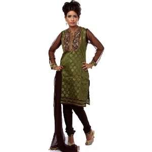  Green Brocaded Choodidaar Suit with Antique Embroidery at 