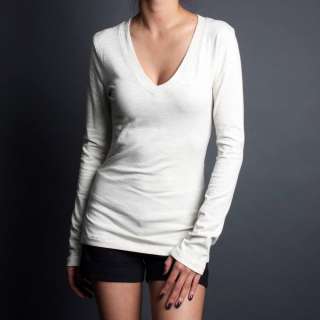   Basic LONG SLEEVE Stretch T Shirts Solid Cotton V neck Top  