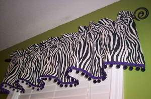 Custom Made Zebra Valance With Purple Pom Poms  