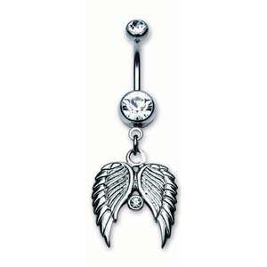  Dangled Wings Belly Ring with Clear Crystals   14g (1.6mm 