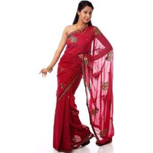  Red Plum Mokaish Sari with Embroidered Bootis   Georgette 