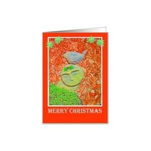  Merry Christmas,head and bird sculpture with holly. Card 