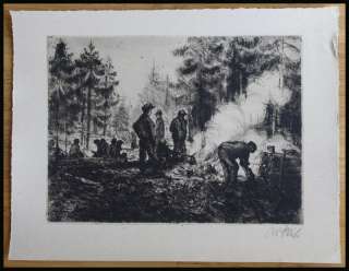 Etching J. STEIB German Listed Artist Hobo Camp 1942 Railroad  