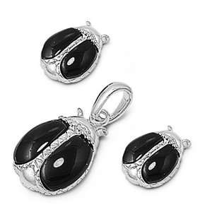   Silver Bug Pendant Height 14 mm Earrings Height 11 mmStone Black