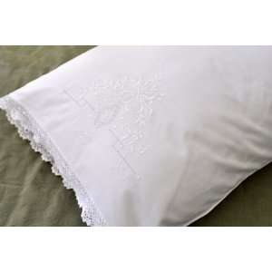  Pair of Linen Pillowcases with Flowers and Crochet Lace 