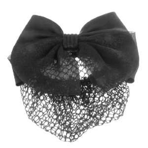   Women Black Polyester Gauze Bowknot Barrette Snood Net Metal Hair Clip