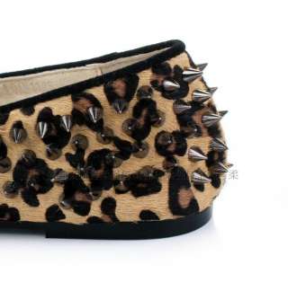   Studded Rivets Leopard Horse Hair Loafers Flat Shoes can track  
