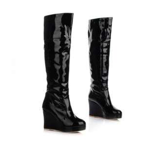 Patent leather knee High heel wedge fashion women boots  
