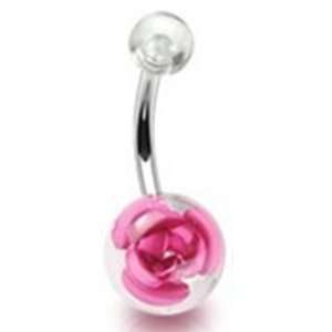  Pink Metal Rose in Clear Ball Navel Ring 