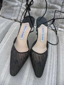 MANOLO BLAHNIK BLACK ANKLE LACE UP EMBROIDERED SHOES SZ 35 1/2  