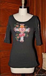 SEXY~ New Floral Tattoo Cross ~ LUCKY BRAND ~ 3/4 Sleeve Soft Cotton 