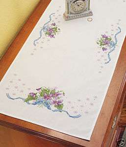 Janlynn Stamped Cross Stitch Kit   violets dresser scarf  