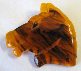 VINTAGE ART DECO FAUX TORTOISE SHELL LUCITE CARVED HORSE HEAD JEWELRY 