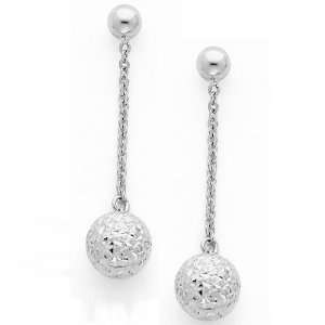   White Gold Fancy Ball Dangle Hanging Earrings with Pushback for Women