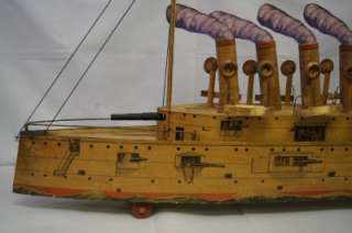 1890s BLISS LITHO WOOD & PAPER BATTLESHIP BOAT COMPLETE AND RARE PULL 