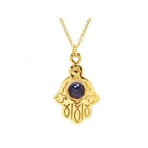 14k Yellow Gold Sapphire Luck Talisman Hand Pendant Necklace Ct.tw 1 