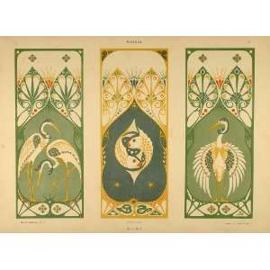 Lithograph Art Nouveau Panel Designs Storks Fish   Original Lithograph 