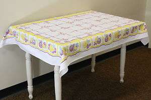   50s YELLOW PURPLE CHERRY FRUIT PRINTED KITCHEN TABLECLOTH 40X58  