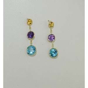  14K Yellow Gold Multicolored Gemstone Post Earrings New 