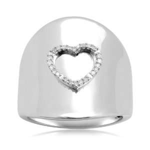 Sterling Silver Concave Shape Heart and Diamond Accent Ring (1/20 cttw 
