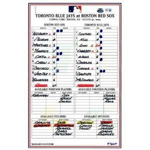  Blue Jays at Red Sox 8 30 2009 Game Used Lineup Card 