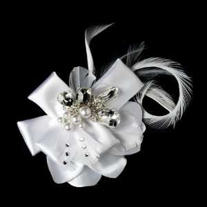    Silver Ivory Feather Ribbon Bridal Hair Clip HP 8249 Beauty