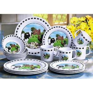  16 Pc Cow, Rooster & Barn Scene Dinnerware Set Everything 