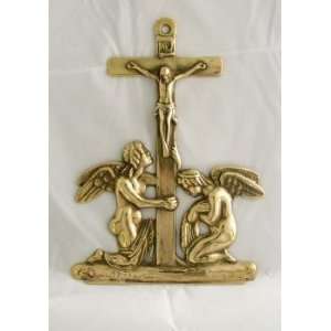  9Gold Brass Crucifixion with Angels Plaque Everything 