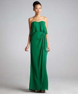 Badgley Mischka Platinum Label emerald tiered silk strapless gown