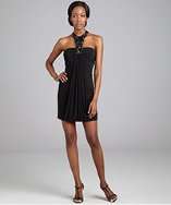 LM Collection black stretch jersey beaded halter cocktail dress style 