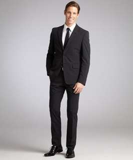Prada black stretch cotton 2 button suit with flat front pants