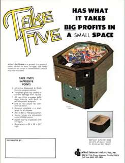 TAKE FIVE Original Pinball Flyer ALLIED LEISURE 1978  