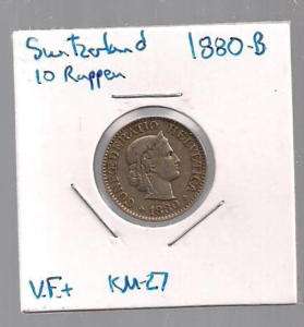 Switzerland   10 Rappen   1880 B   Very Fine   KM 27  