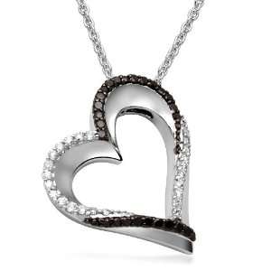  Sterling Silver Black and White Diamond Open Heart Pendant 