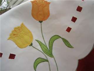 Country Tulip Flowers Embroidered square white Table Cloth TOPPER 